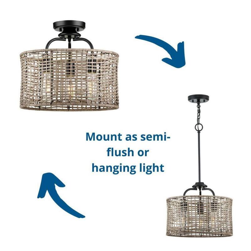 Lavelle Collection 3-Light Rattan Black Semi-Flush Mount Ceiling Light - 15.625 in x 15.625 in x 14.375 in