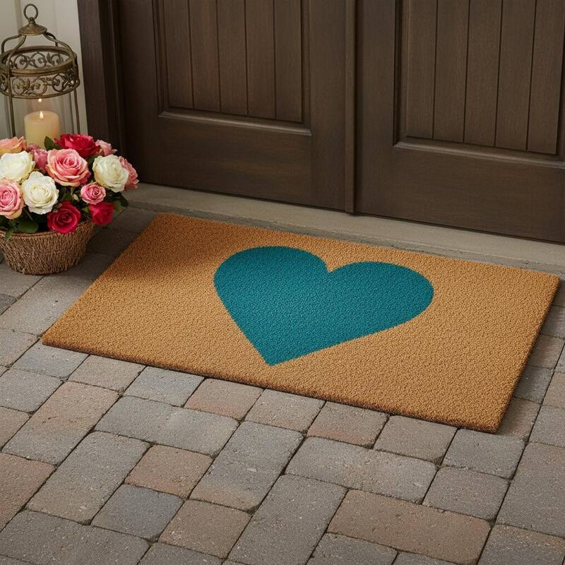 HomeRoots 24" X 48" Brown And Turquoise Heart Outdoor Coir Door Mat - 24.00' X '48.00 - 24.00' X '48.00