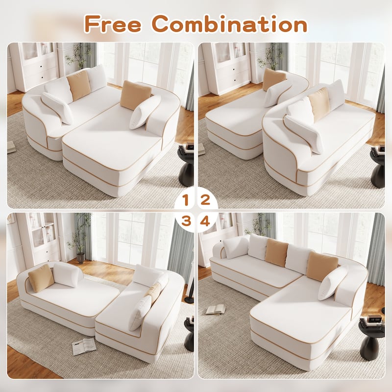 Roomfitters No Assembly Modular Sofa, 106 Inch Teddy Fabric Floor Couch with Chaise, White