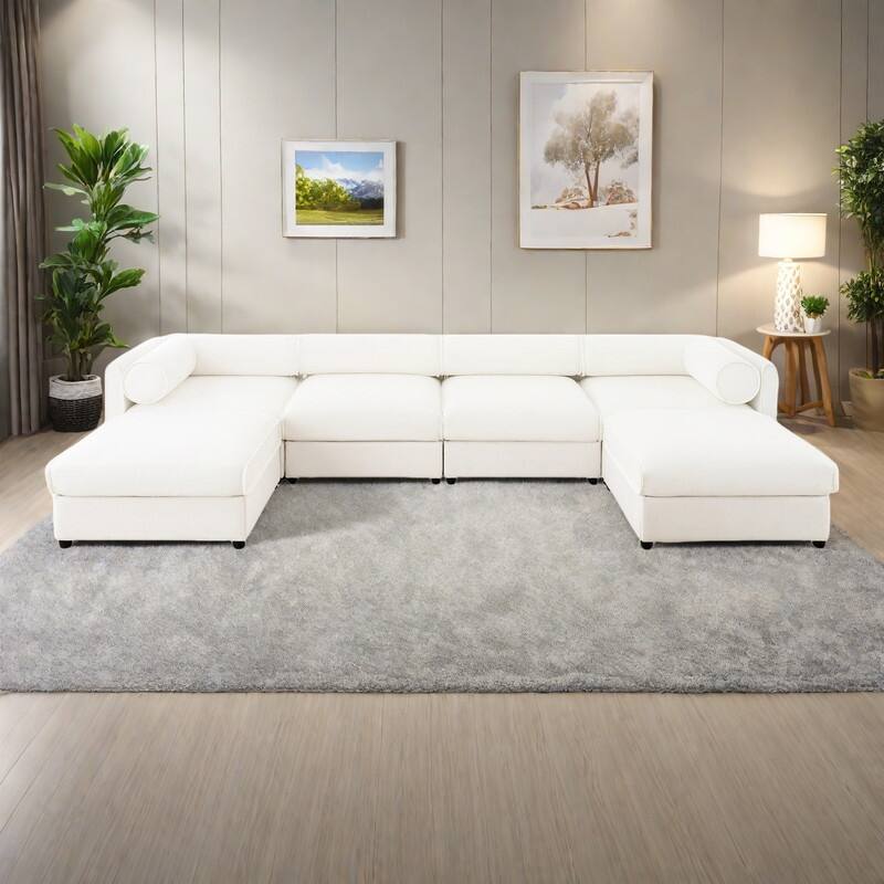 142.5" Extra Large U-Shaped Chenille Sectional Sofa with Storage Ottoman and Cylindrical Backrest(4-Seater Modular Design) - White