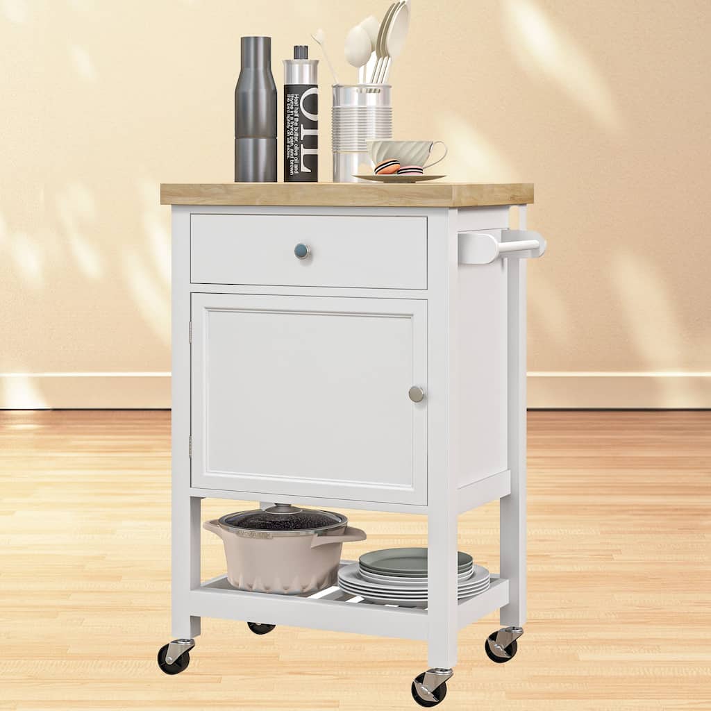 Rolling Kitchen Island with Butcher Block Surface, Storage Drawer & Cabinet, 25" W, Easy Mobility