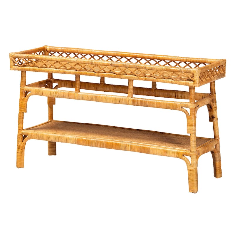 Savitri Modern Bohemian Natural Rattan 2-Tier Console Table - Wicker