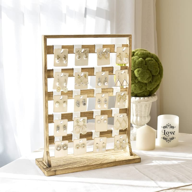 Wooden Jewelry Display Rack with 20 White Hooks