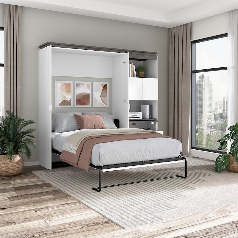 Orion Full Murphy Bed with Storage Cabinet and Fold-Out Desk by Bestar - White/Walnut Grey