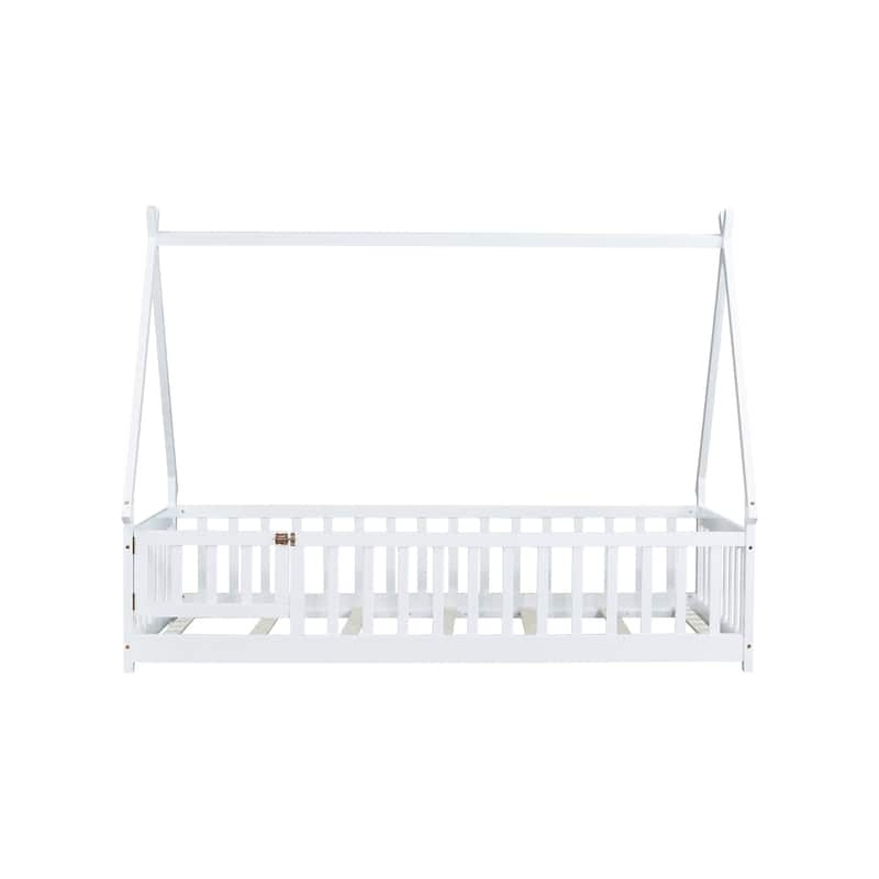 Twin Tent-shaped Floor Bed,Teepee Bed with Guardrails