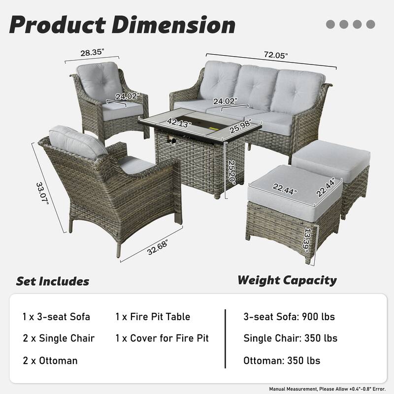 XIZZI 6-piece Rattan Wicker Outdoor Furniture Deep Seat Sofa Set with Fire Pit