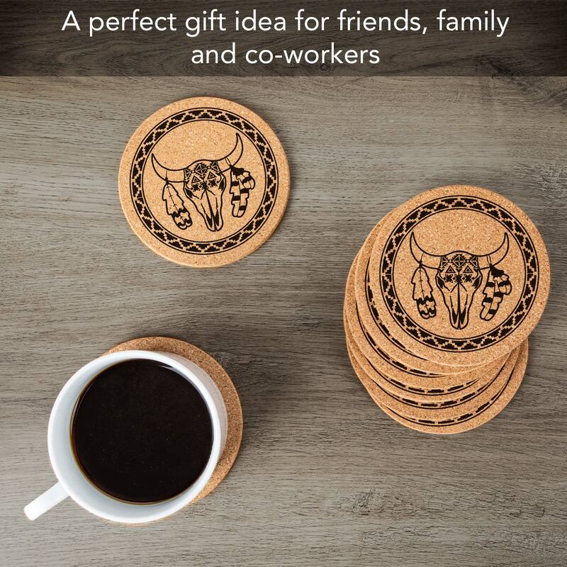 Cow Skull 4 Pack Absorbent Cork Coaster Made in The USA 4" Round