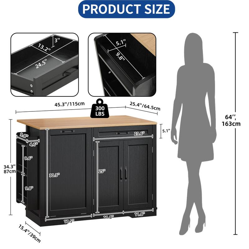 Moasis Rolling Portable Kitchen Island With Trash Can Storage Cabinet and Drawer&Floating Tabletop