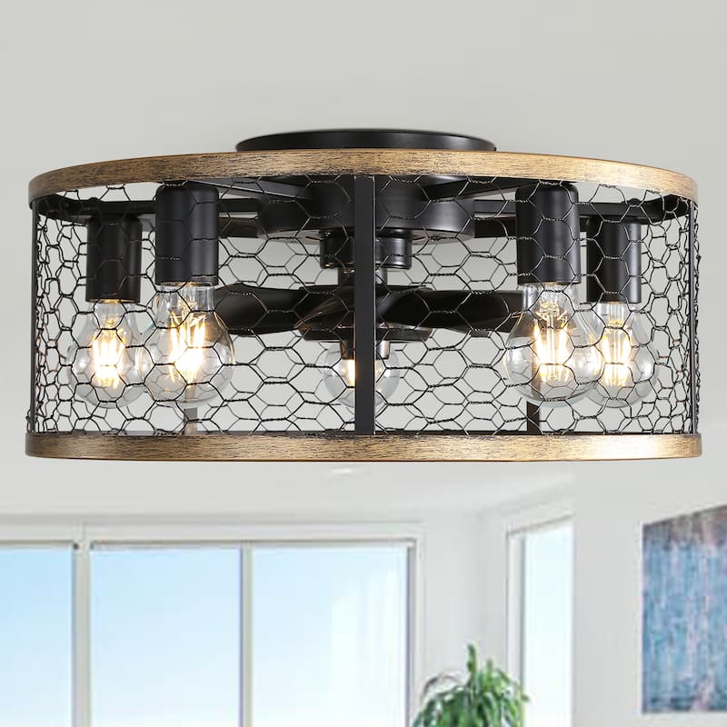 20 Inch Caged Ceiling Fan with LED Light and Remote Control, Indoor Flush Mount Ceiling Fan Light with Reversible Blades