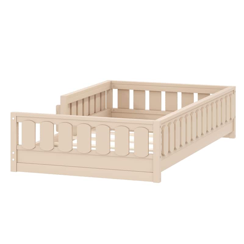 Kid Wood Platform Storage Bed Montessori Toddler Floor Bed Children Daybed with Guardrail and Side Creativity Storage Shelves
