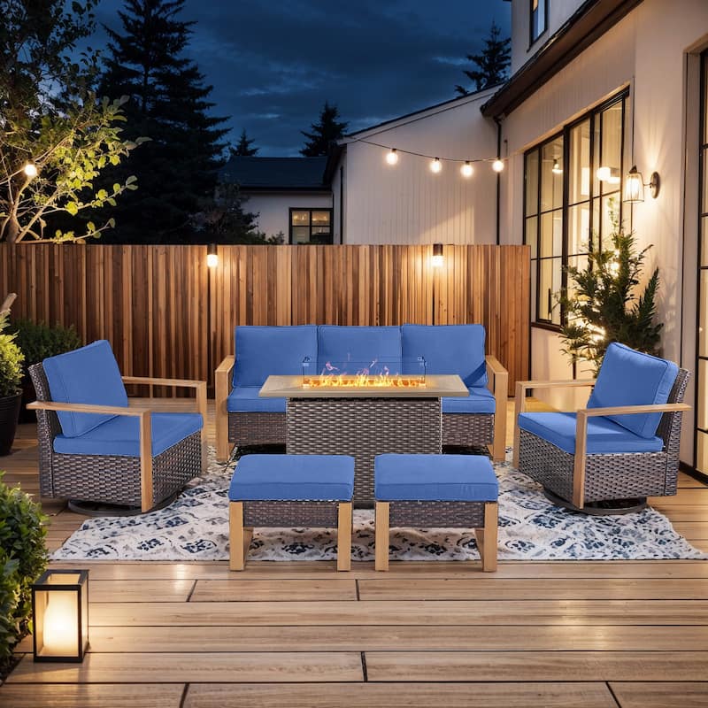 Pocassy Fire Pit Table with Outdoor Sofa Chair Ottoman Set - Brown Wicker Blue Cushion - 6-Piece Sofa Swivel Chair Ottoman with Fire Table