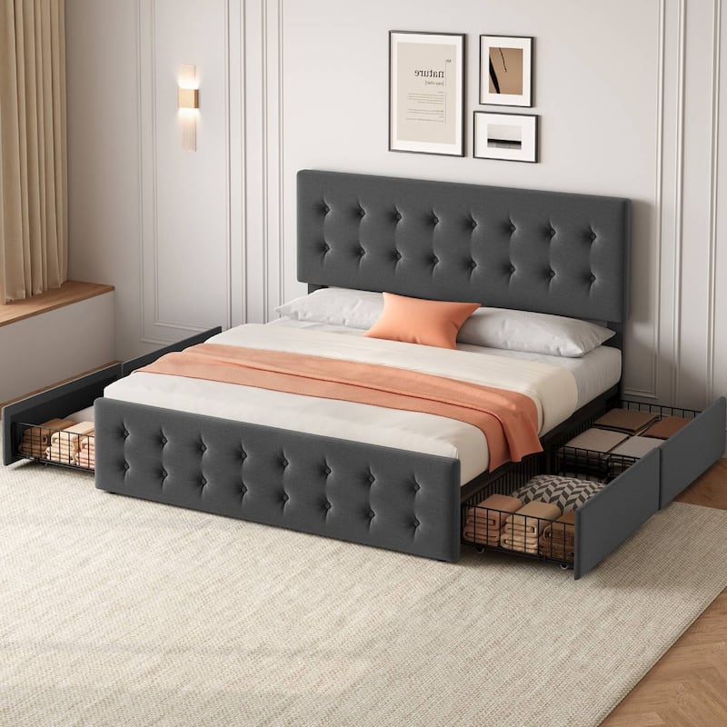 King Size Bed Frame with 4 Storage Drawers and Headboard
