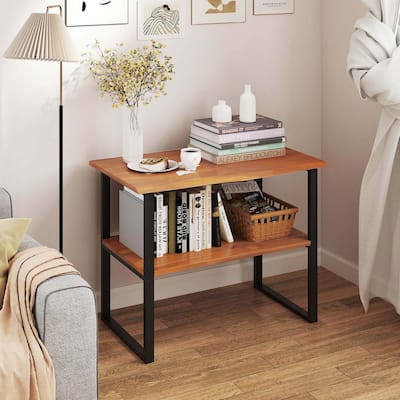 2-Tier Teak Wood Bookshelf Freestanding Storage Shelf Sofa Side Table