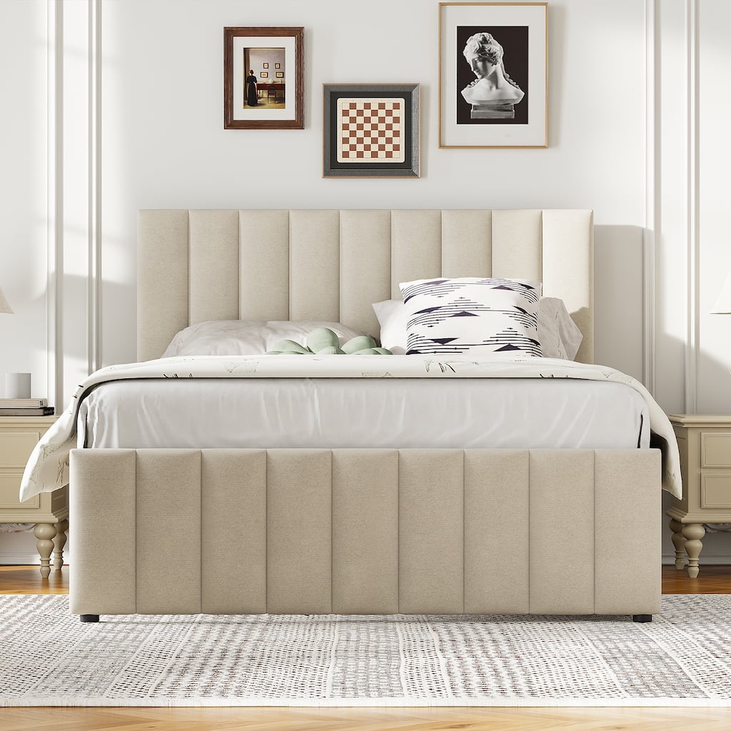 Full Size Upholstered Platform Bed with Twin Size Trundle and 3 Drawers, Linen Fabric