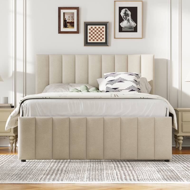 Full Size Upholstered Platform Bed with Twin Trundle and 3 Drawers, Linen Fabric, Beige