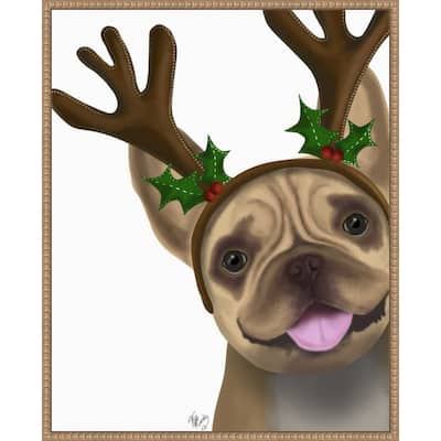 French Bulldog Antlers 2 by Fab Funky (23 x 28 in.), Framed Canvas Wall Art Print - Sylvie Beaded Rustic Natural