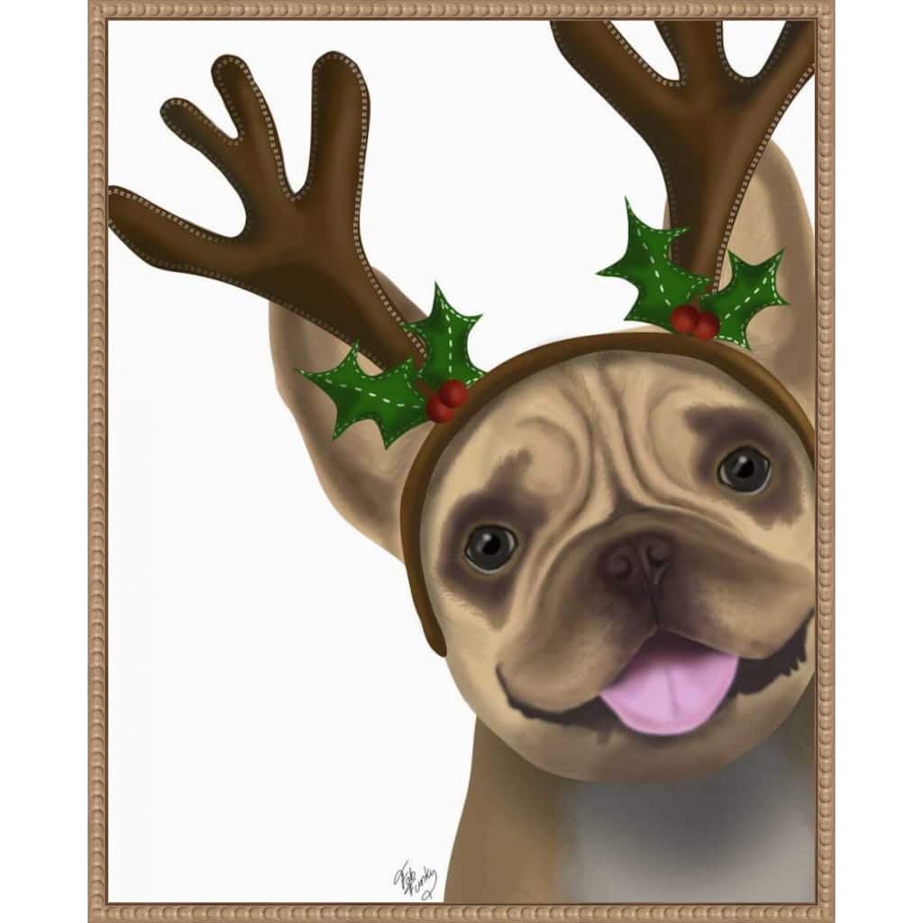 French Bulldog Antlers 2 by Fab Funky (23 x 28 in.), Framed Canvas Wall Art Print - Sylvie Beaded Rustic Natural