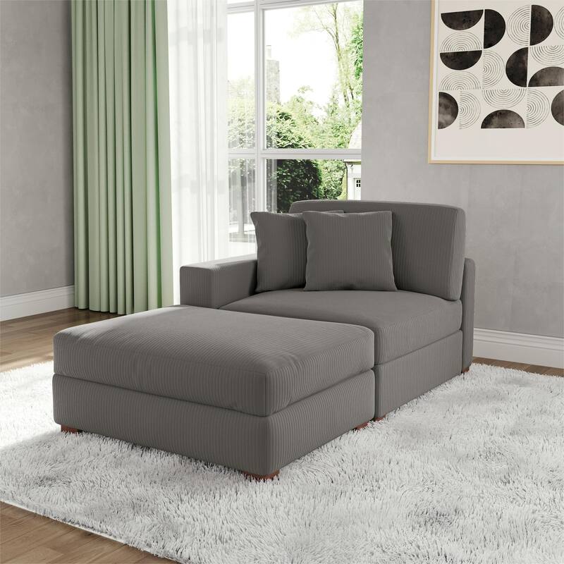 Corduroy Chaise Lounge Sofa with Ottoman for Living Room - Left - Light Gray/Left