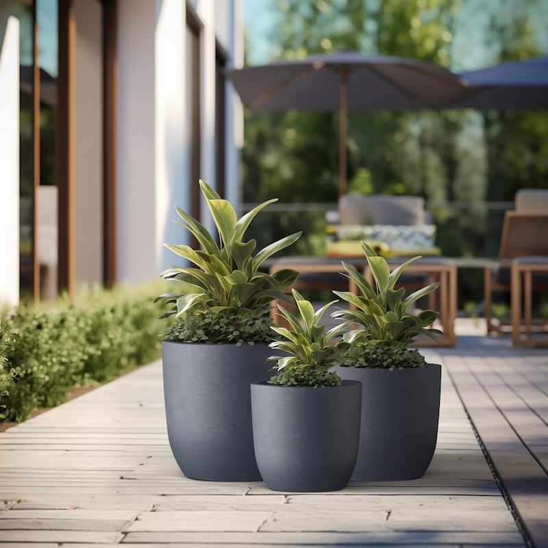 Tall Concrete Round Plant Pots / Large Indoor and Outdoor flower Planters - 3 Piece Set (13.5, 17, 20.5 Inch Diameter) - Granite Gray
