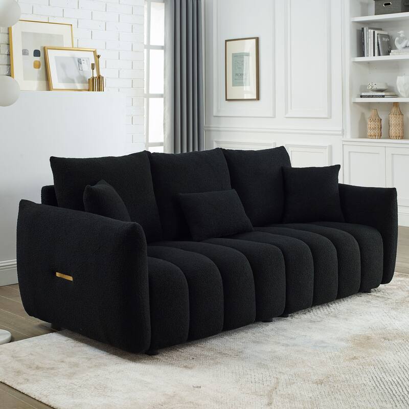 81" Premium Teddy fabric Sofa with 3 Back Pillows and 3 back Cushions Solid Wood Frame 3-Seater Sofa,Upholstered - Black