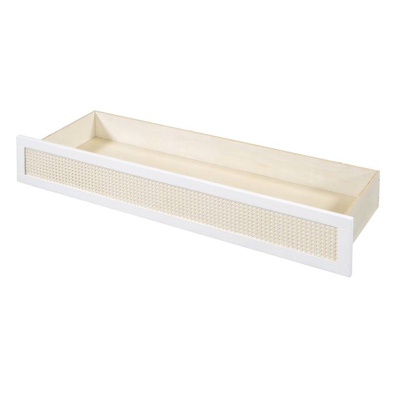 Full Size Murphy Bed Hidden Cabinet Bed with Drawer Underneath and Rattan Patterned, Clever Space Utilization Classic White