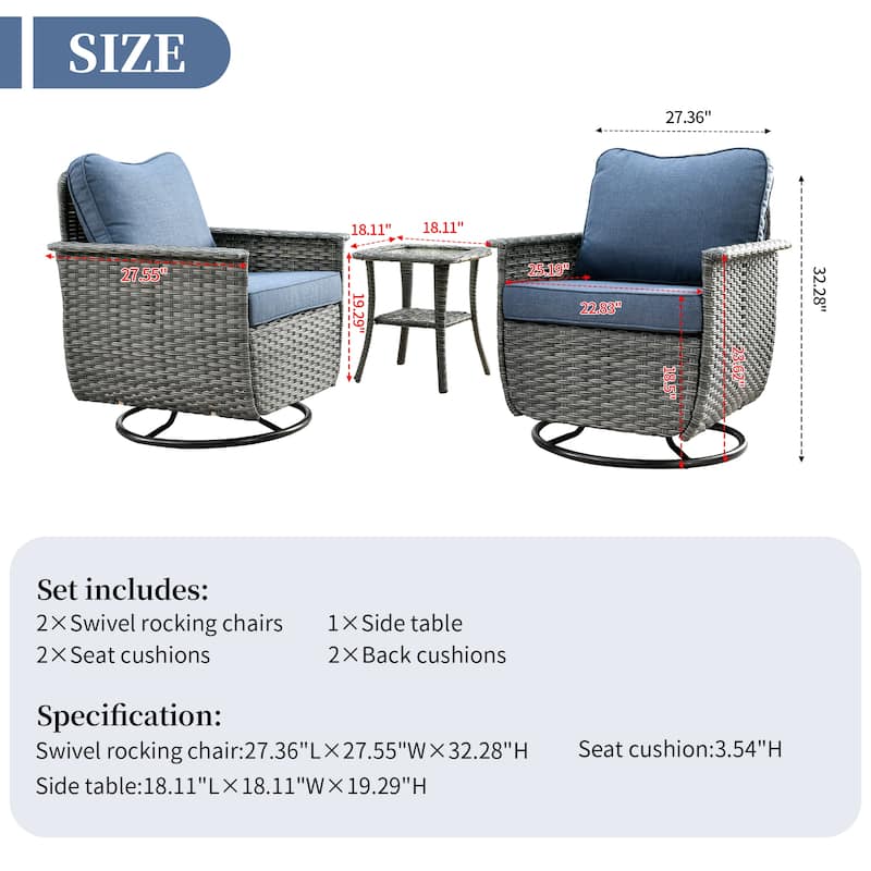 OVIOS 3-piece Pet-Friendly Patio Furniture Swivel Chairs Wicker Set
