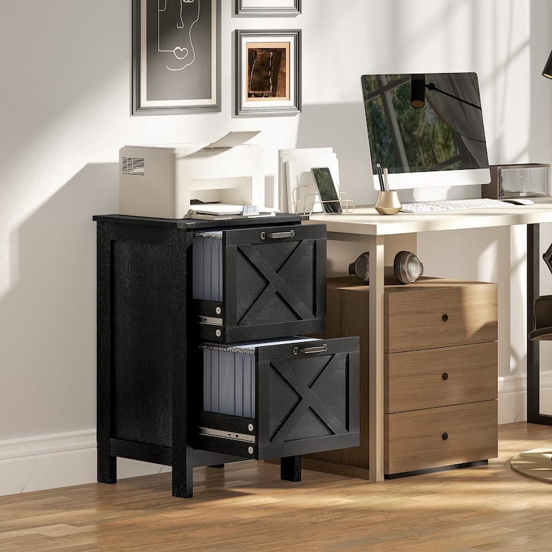 HOMCOM 2 Drawer Vertical File Cabinet with Silent Slides,Farmhouse Filing Cabinet with Barn Doors for A4/Letter Size - Black