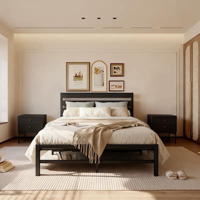 Minimalist Metal Platform Bed with Wooden Slat Headboard - No Box Spring Needed