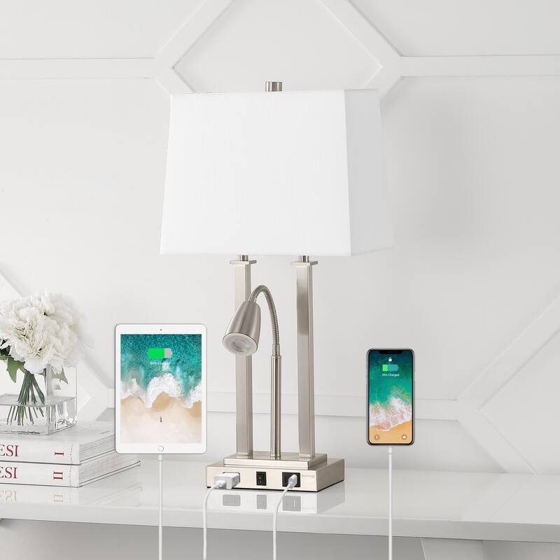 Callie 23.75" 2-Light Farmhouse Metal LED Table Lamp with USB Charging Port, Adjustable Reading Light, by JONATHAN Y