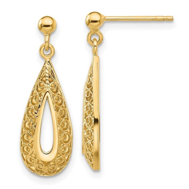 Curata 14k Yellow Gold Filigree Teardrop Post Guardian Angel Earrings - 26.03x9.33mm
