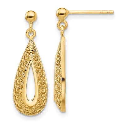 Curata 14k Yellow Gold Filigree Teardrop Post Guardian Angel Earrings - 26.03x9.33mm