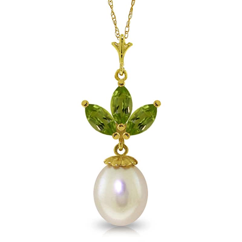 4.75 Carat 14K Solid Gold Gemstone Chain Necklace Pearl Peridot - 16 Inch - Yellow