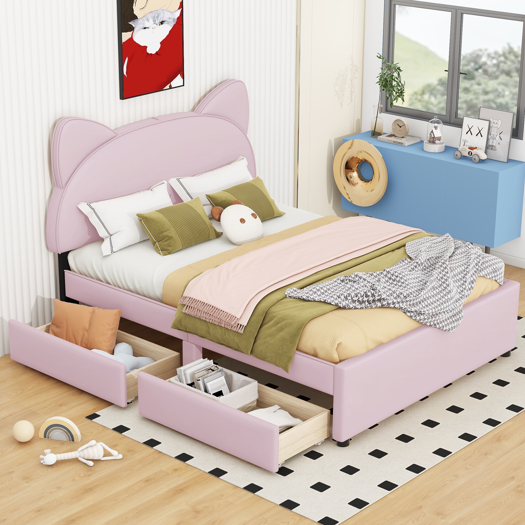 Full PU Upholstered Platform Bed Wood Bed Frame for Girls Pink Bed Bath Beyond 40497737