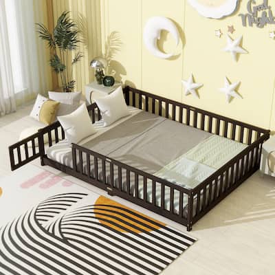 Queen Size Floor Bed with Fence,Door,Rubber Wood Floor Bed with Safety Guardrails