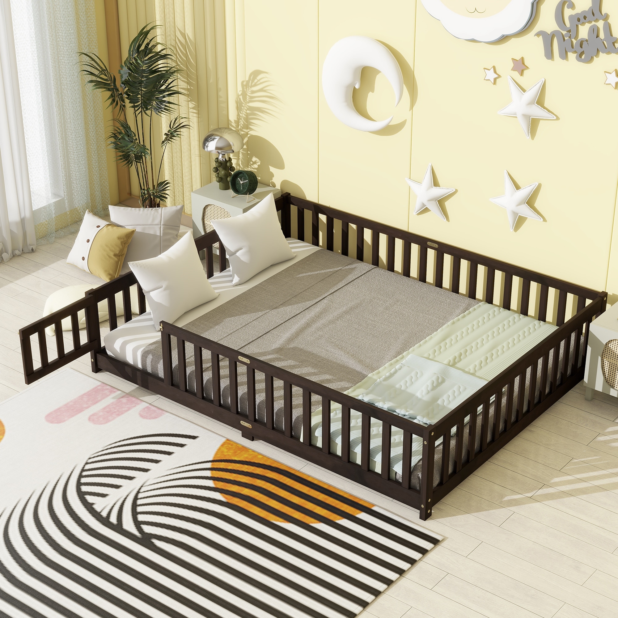 Queen Size Floor Bed with Fence,Door,Rubber Wood Floor Bed with Safety Guardrails