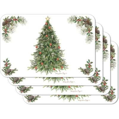 O' Christmas Tree 4 Pack Reversible Easy Care Flexible Plastic Placemats Made in The USA BPA Free PVC Free Easily Wipes Clean