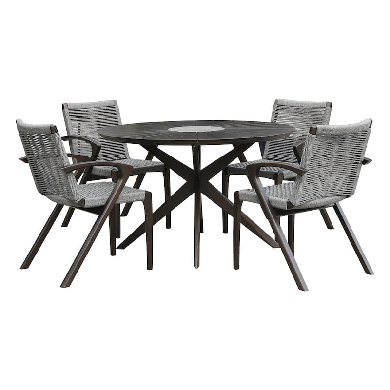 Solid Eucalyptus Wood and Rope Outdoor Patio 5 Piece Round Dining Set with Arm Chairs