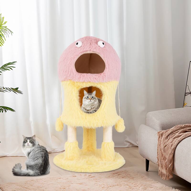 Cute Monster-Themed Cat Tower with 2 Comfortable Cat Condos and 3-Level Activity Center - 19" x 37" - Pink-Yellow