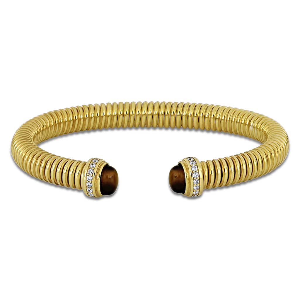 Miadora 1/5ct TGW Cubic Zirconia and Tiger Eye or Turquoise Omega Stretch Braclet Yellow Silver