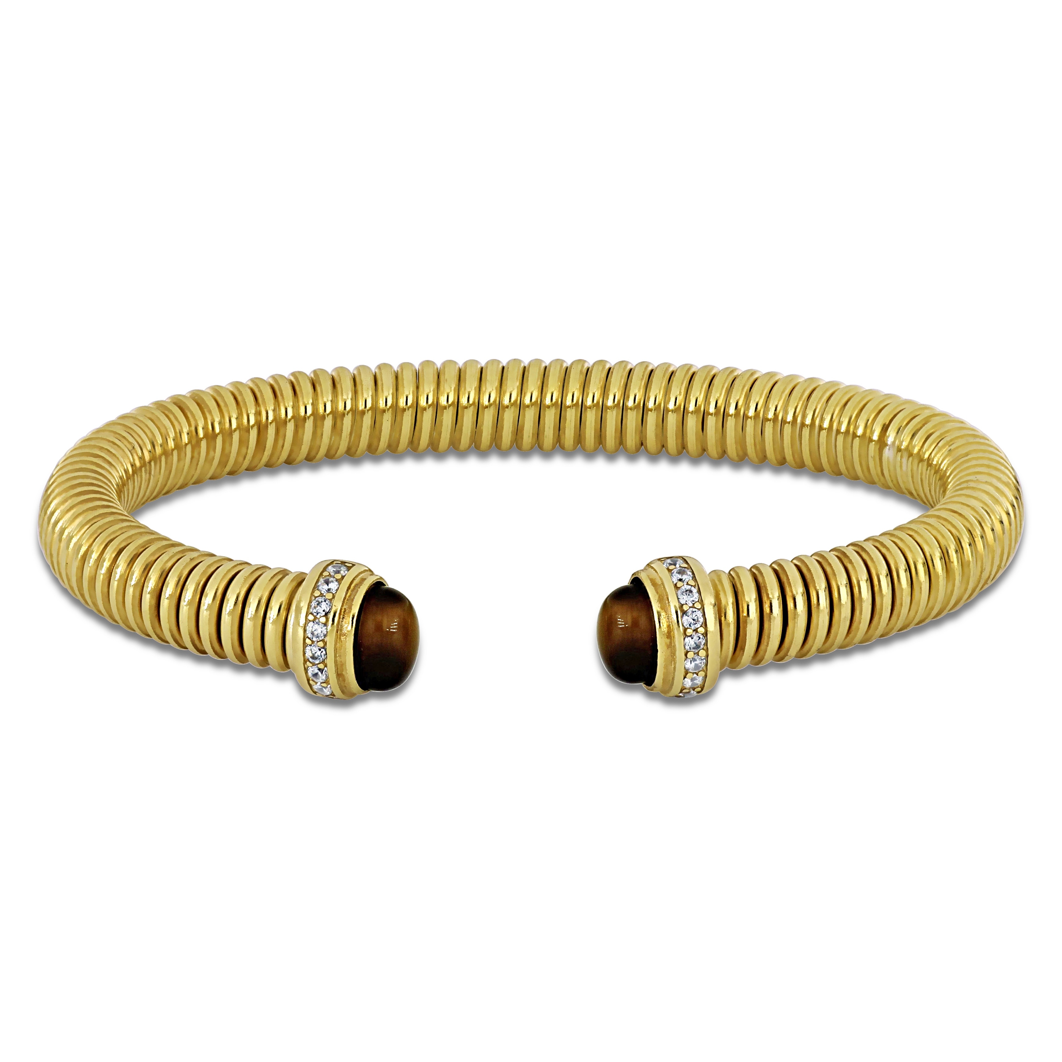 Miadora 1/5ct TGW Cubic Zirconia and Tiger Eye or Turquoise Omega Stretch Braclet Yellow Silver