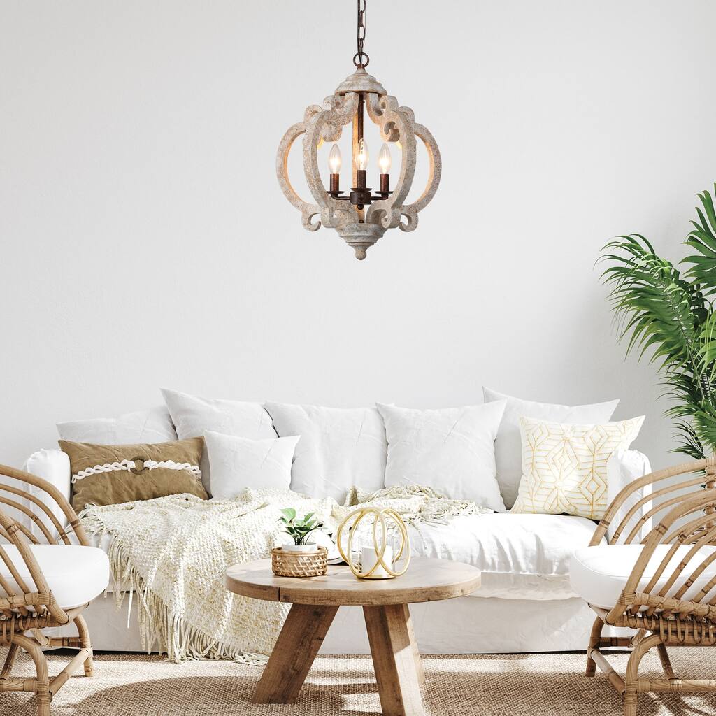 Farmhouse 3-Light Wood Cage Chandelier Lantern for Dining Room - Off-white - D15.5"x H 19"