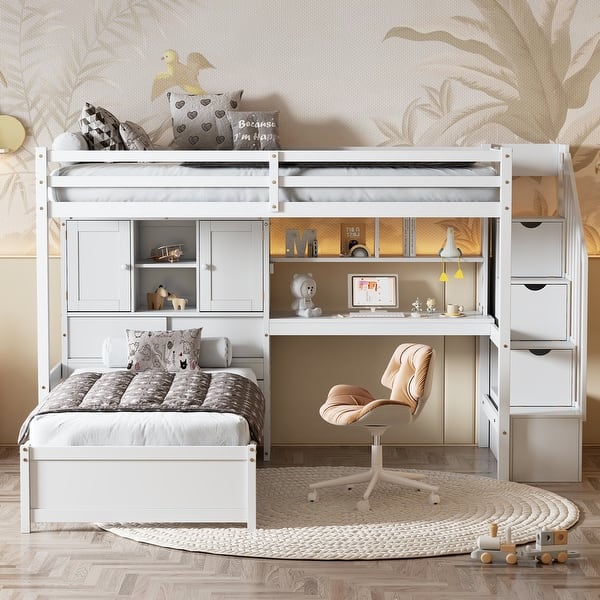 slide 2 of 32, Space-Saving Twin over Twin Loft Bed with Desk, Staircase, Storage & Shelves