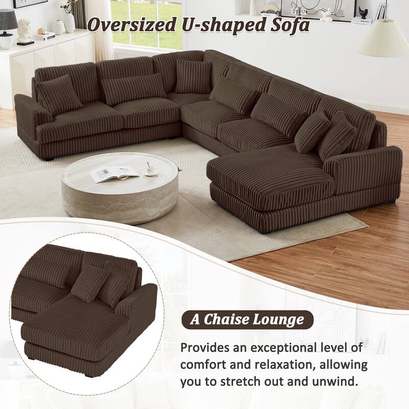 U-Shaped Sectional Sofa with Chaise Lounge, Oversized Corduroy Upholstered Sofa, 5 Seater Sofa with Removable Throw Pillows