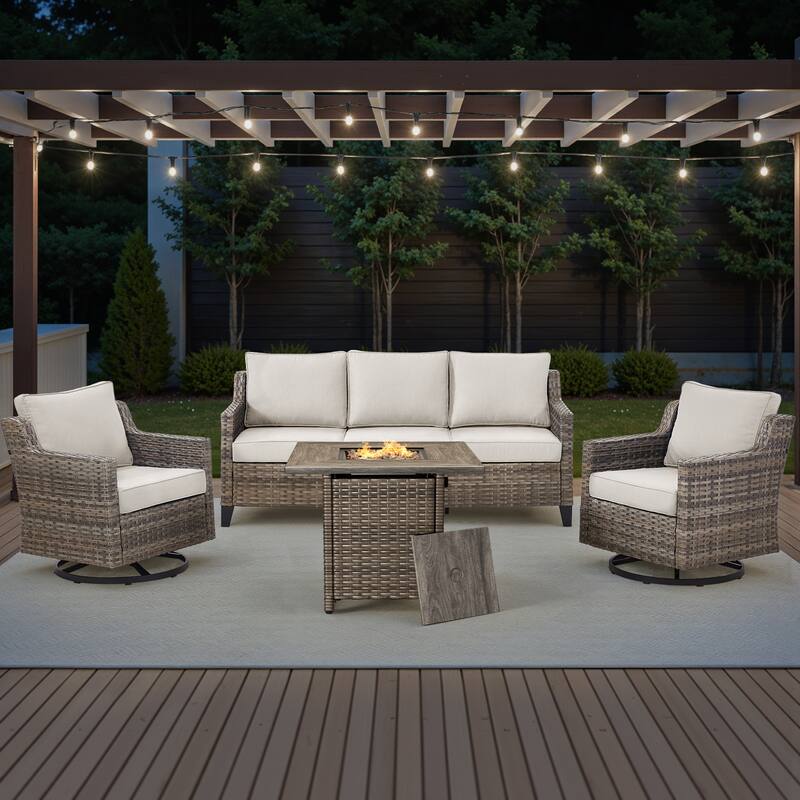 Pocassy 4-Piece Outdoor Sofa Siwvel Chair w/ Fire Pit Table - Beige Cushion Gray Wicker - 4-Piece Sofa Siwvel Chair w/ Fire Pit Table