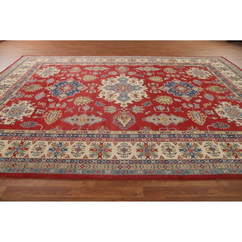 Red Geometric Kazak Oriental Large Area Rug Wool Carpet - 9'10" x 13'9"