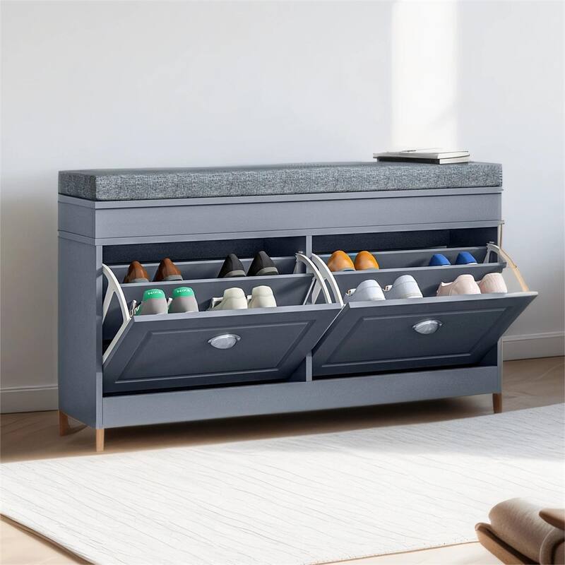 Modern Shoe Rack Bench for Entryway, Organizer with Cushion, 2 Drawers - Grey
