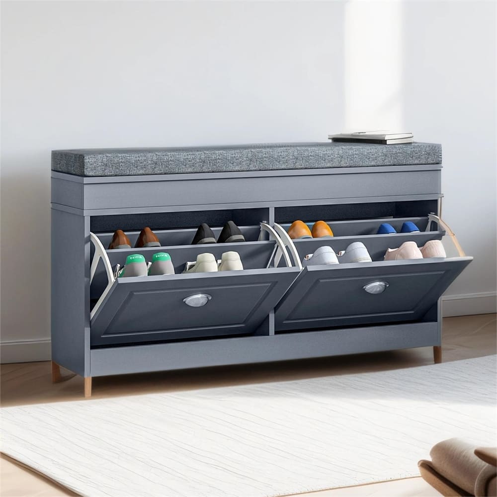 Modern Shoe Rack Bench for Entryway, Organizer with Cushion, 2 Drawers