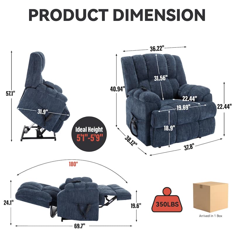 Blue Dual Motor Power Lift Recliner with Heat, Massage, Infinite Positioning, Remote Control, and Lumbar Support