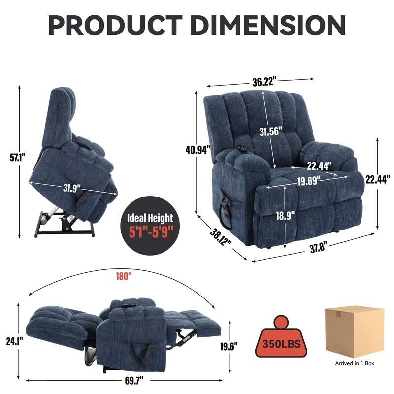Blue Dual Motor Power Lift Recliner with Heat, Massage, Infinite Recline, and 350 lb Capacity for Elderly