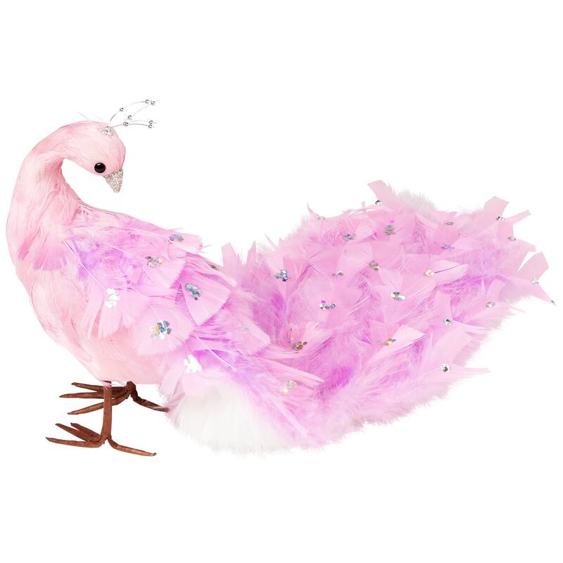 Glittered and Jeweled Peacock Christmas Decoration with Mini Faux Pearls - 22" - Pink